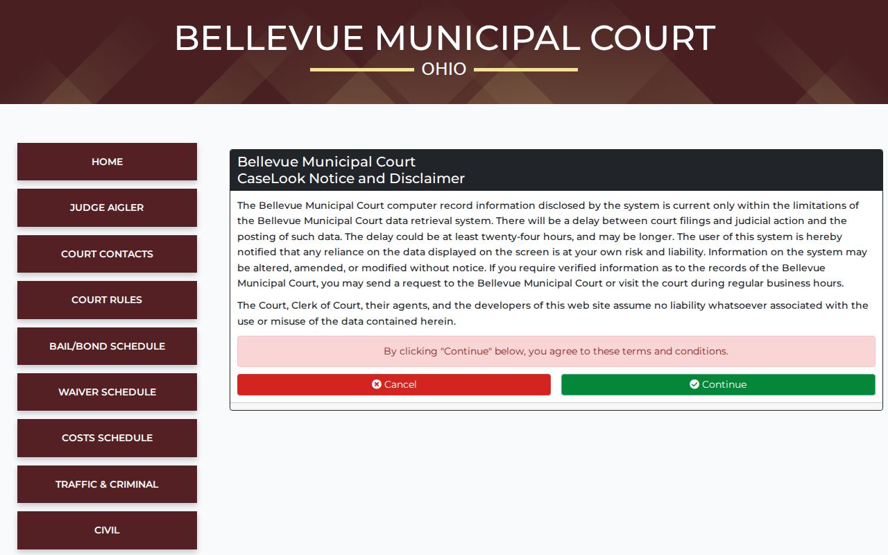 Bellevue court docket CaseLook disclaimer and entry interface