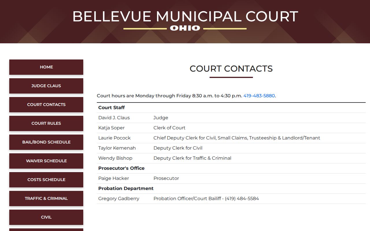Bellevue court docket staff, court hours, and phone information
