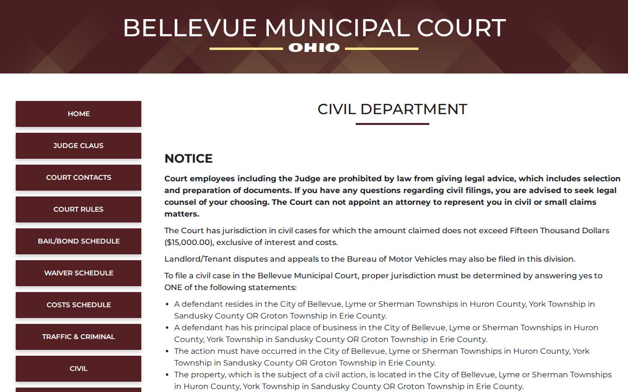 Bellevue court docket civil jurisdiction and filing information page