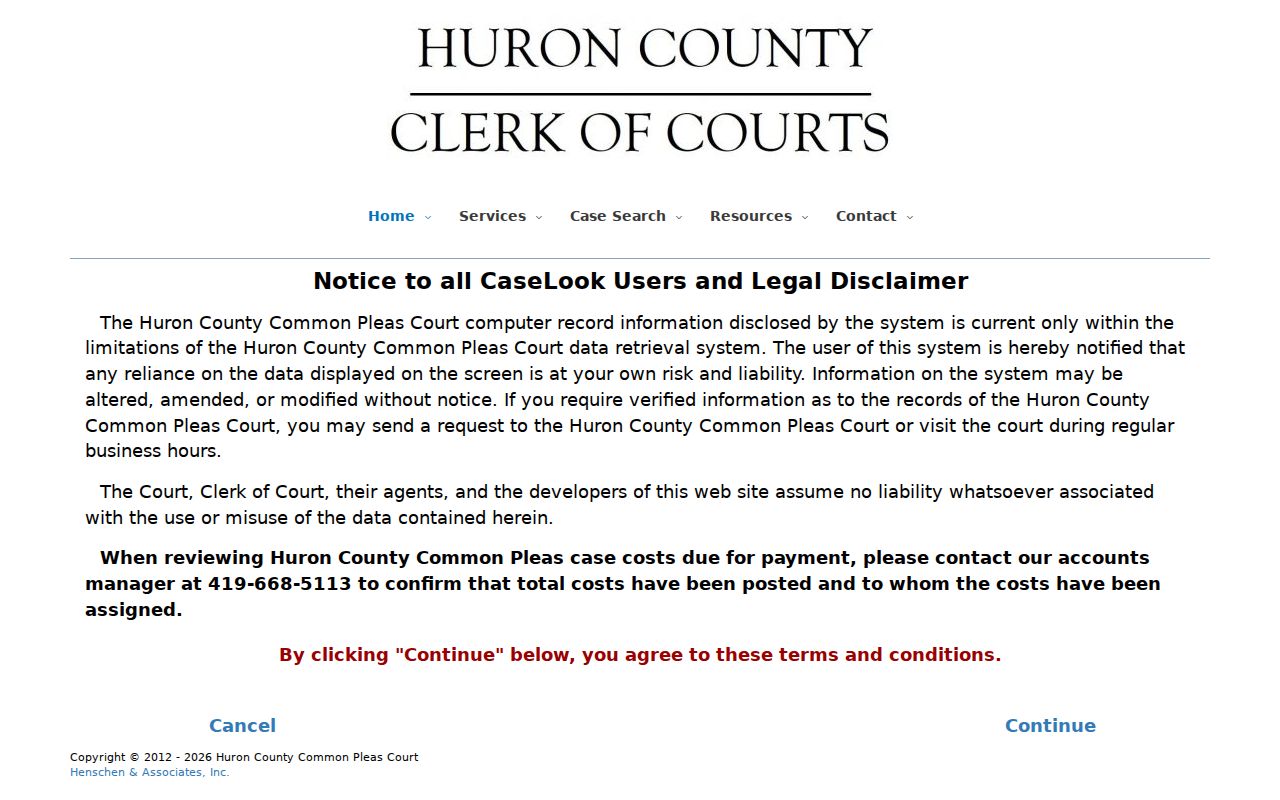 Huron County case search CaseLook disclaimer for Common Pleas court records