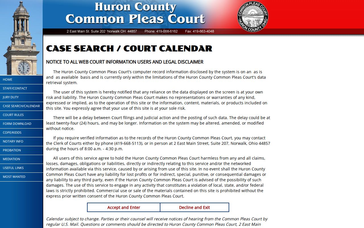Huron County Common Pleas case search and court calendar record page