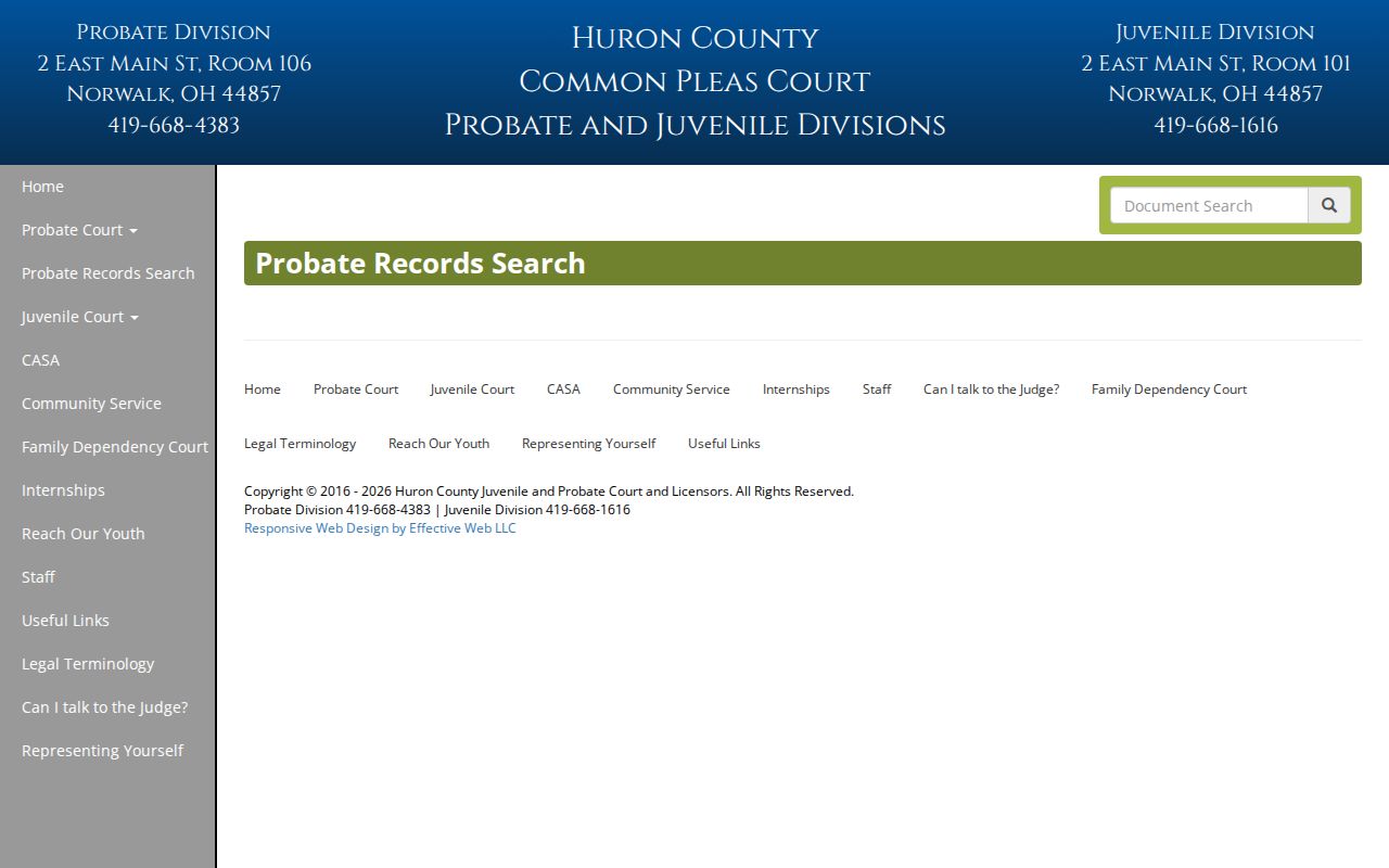 Huron County probate court record search entry page