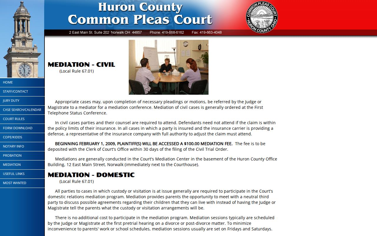 Huron County civil docket Common Pleas mediation procedure and office information