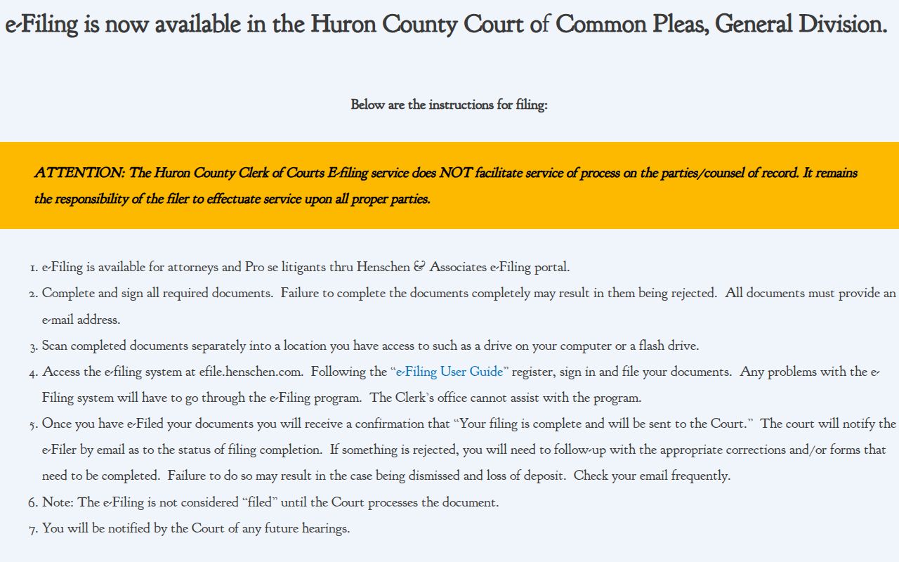 Huron County civil docket Clerk e-filing instructions