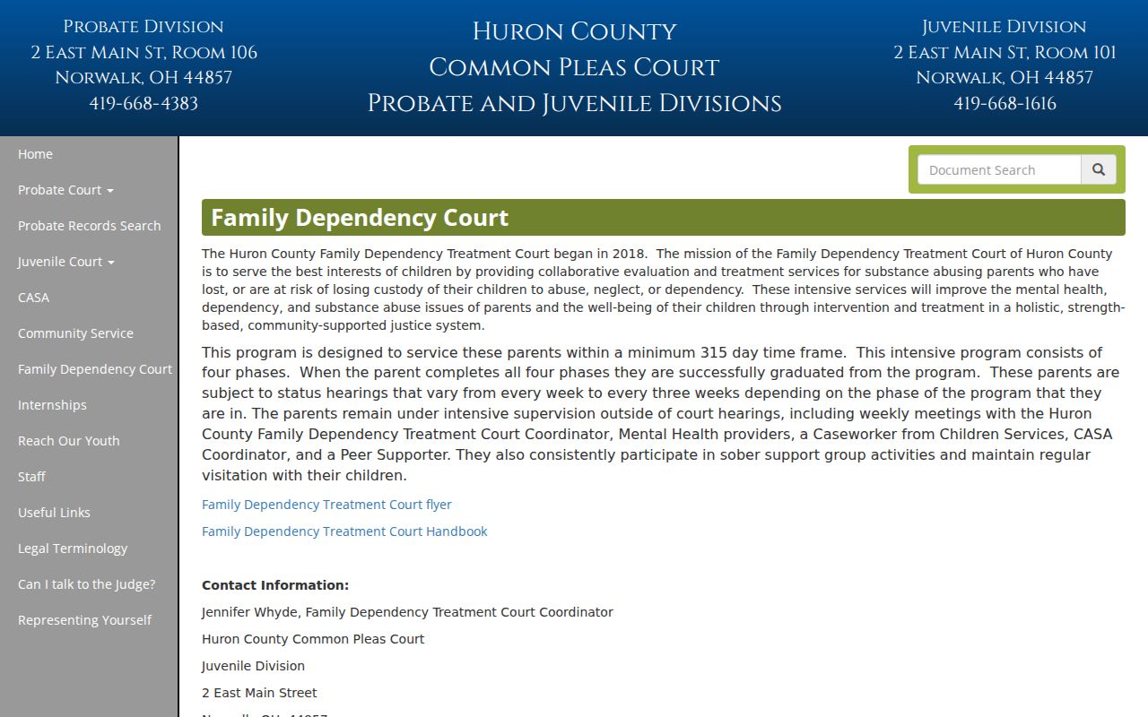 Huron County court calendar Family Dependency Treatment Court program information