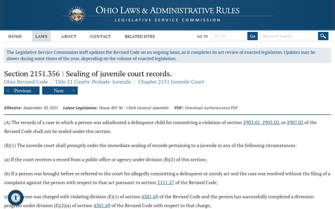 Huron County juvenile court records sealing statute source