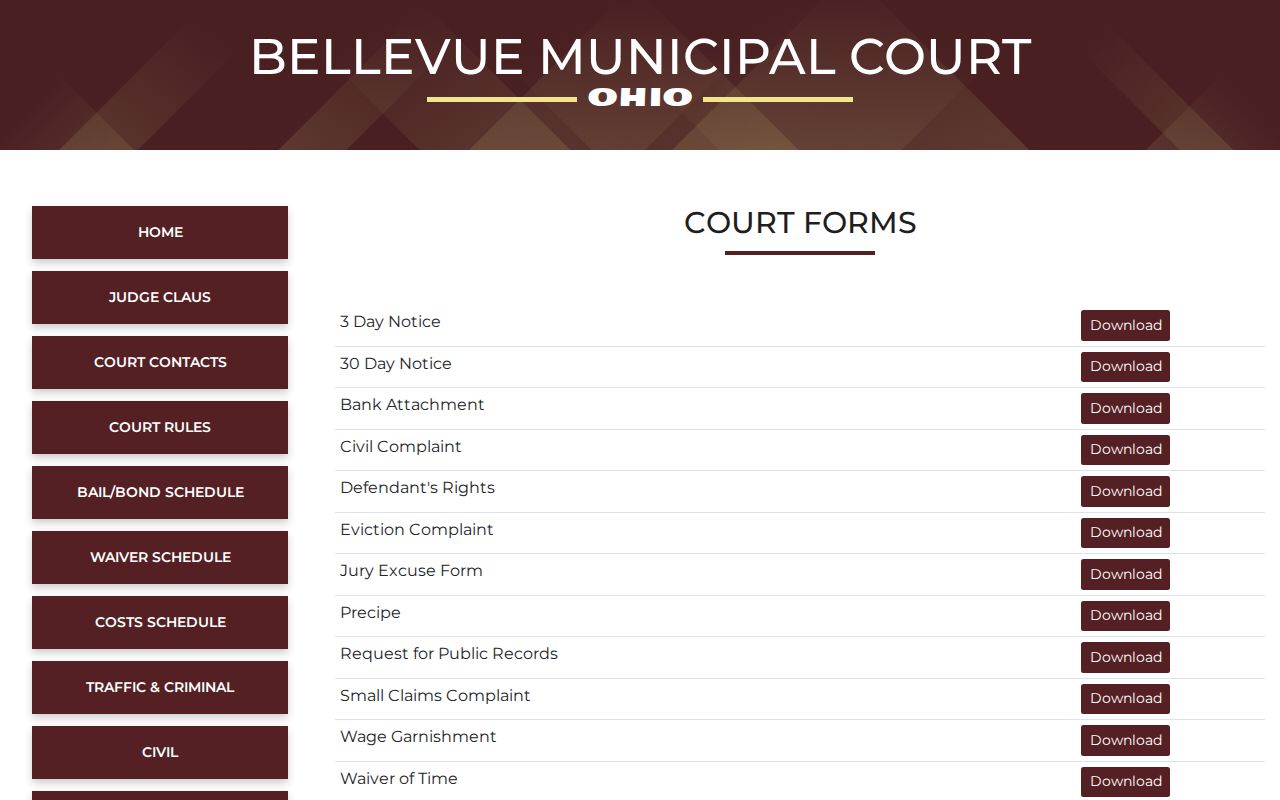Huron County Bellevue Municipal Court records request forms page