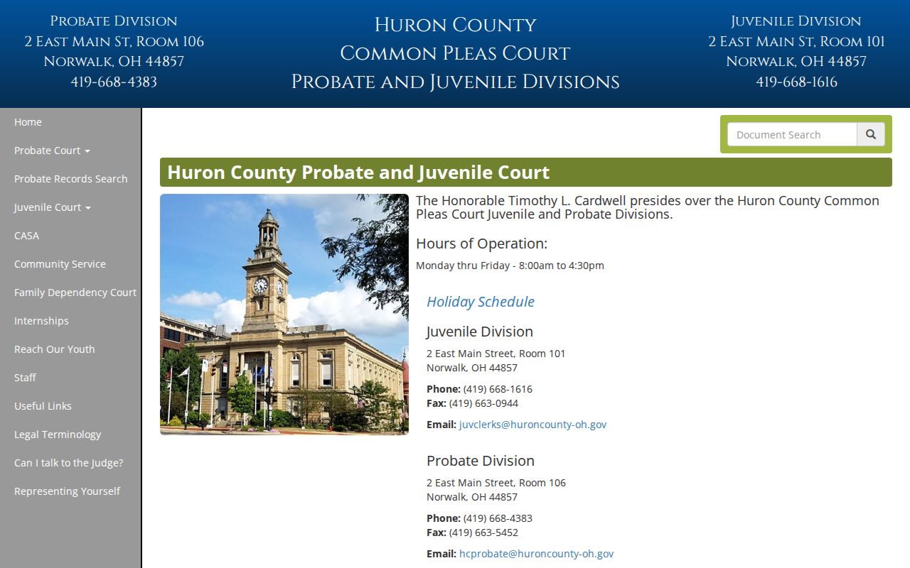 Huron County criminal docket Juvenile and Probate Division contact page