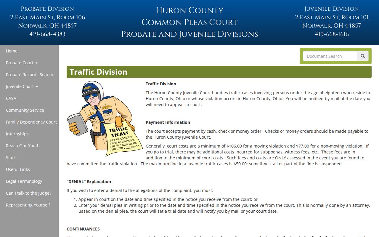 Huron County criminal docket Juvenile traffic court information