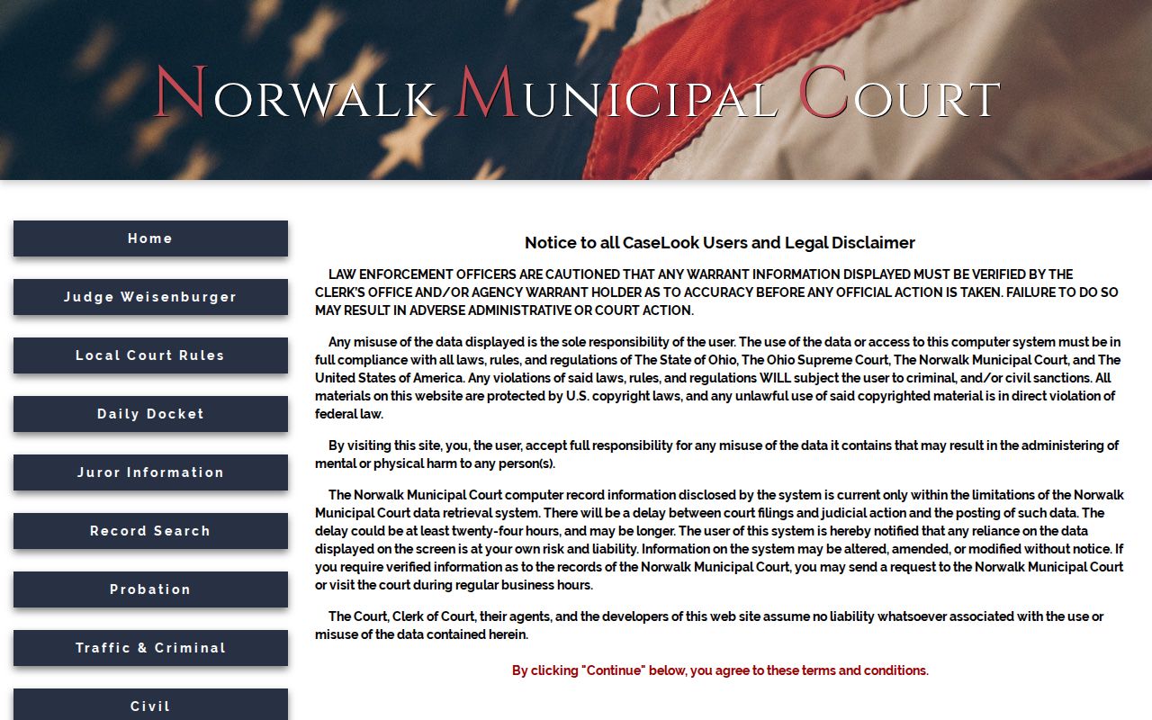 Norwalk court docket CaseLook record-search entry screen