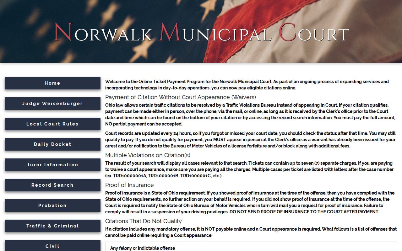 Norwalk court docket eligible traffic citation payment screen