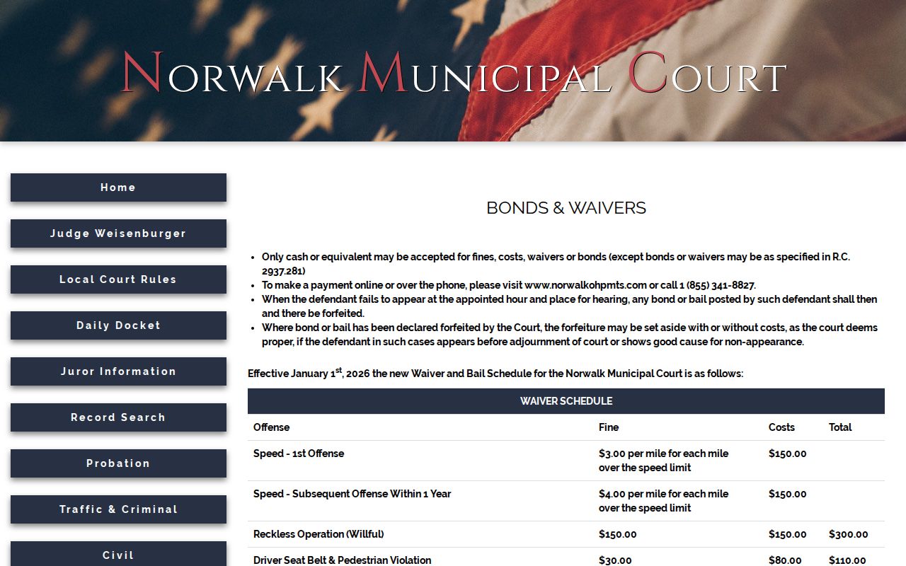 Huron County traffic court records Norwalk waiver and bond schedule
